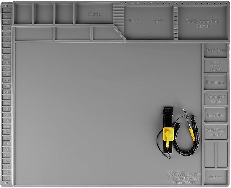 Kaisi Large Soldering Mat,Silicone Solder Mat,Soldering Mat Heat Resistant 932°F Magnetic Work Mat,Electronic Solder Pad with Anti Static Wrist Strap for Soldering Station,Laptop,Watch Repair(Grey) - Image 1
